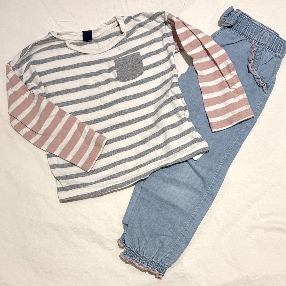Bundle 100% Cotton Striped Long Sleeve Top and Blue Pants Set